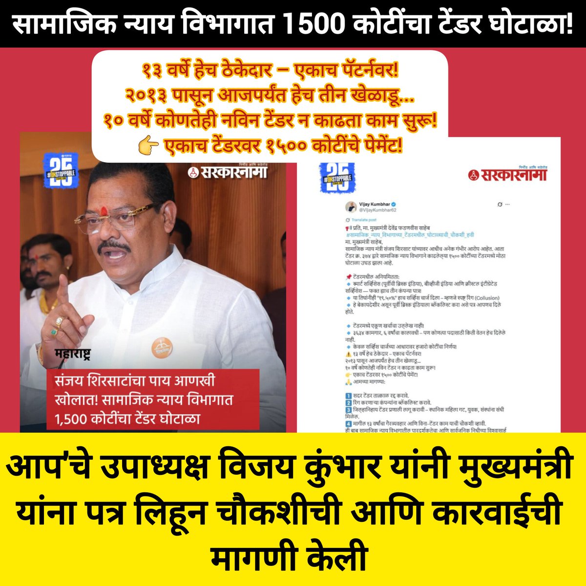 AAP рдорд╣рд╛рд░рд╛рд╖реНрдЯреНрд░ (@aapmaharashtra) on Twitter photo рд╕рд╛рдорд╛рдЬрд┐рдХ рдиреНрдпрд╛рдп рд╡рд┐рднрд╛рдЧрд╛рдд резрелрежреж рдХреЛрдЯреАрдВрдЪрд╛ рдЯреЗрдВрдбрд░ рдШреЛрдЯрд╛рд│рд╛!
"рдЖрдк"рдЪреЗ рдЙрдкрд╛рдзреНрдпрдХреНрд╖ <a href="/VijayKumbhar62/">Vijay Kumbhar</a> рдпрд╛рдВрдиреА рдорд╛. рдореБрдЦреНрдпрдордВрддреНрд░реА <a href="/Dev_Fadnavis/">Devendra Fadnavis</a> рдпрд╛рдВрдирд╛ рдкрддреНрд░ рд▓рд┐рд╣реВрди рдЪреМрдХрд╢реА рдЖрдгрд┐ рдХрд╛рд░рд╡рд╛рдИрдЪреА рдорд╛рдЧрдгреА!
рдореБрдЦреНрдпрдордВрддреНрд░реА рдорд╣реЛрджрдп рдпрд╛ рдШреЛрдЯрд╛рд│рд╛ рдкреНрд░рдХрд░рдгреА рддрд╛рддреНрдХрд╛рд│ рдЪреМрдХрд╢реА рдХрд░реВрди рдХрд╛рд░рд╡рд╛рдИ рдХрд░реЗрд▓ рдЕрд╢реА рдЖрдкрдЪреА рдорд╛рдЧрдгреА рд╕рд╛рдорд╛рдЬрд┐рдХ рдиреНрдпрд╛рдп рд╡рд┐рднрд╛рдЧрд╛рдд резрелрежреж рдХреЛрдЯреАрдВрдЪрд╛ рдЯреЗрдВрдбрд░ рдШреЛрдЯрд╛рд│рд╛!
"рдЖрдк"рдЪреЗ рдЙрдкрд╛рдзреНрдпрдХреНрд╖ <a href="/VijayKumbhar62/">Vijay Kumbhar</a> рдпрд╛рдВрдиреА рдорд╛. рдореБрдЦреНрдпрдордВрддреНрд░реА <a href="/Dev_Fadnavis/">Devendra Fadnavis</a> рдпрд╛рдВрдирд╛ рдкрддреНрд░ рд▓рд┐рд╣реВрди рдЪреМрдХрд╢реА рдЖрдгрд┐ рдХрд╛рд░рд╡рд╛рдИрдЪреА рдорд╛рдЧрдгреА!
рдореБрдЦреНрдпрдордВрддреНрд░реА рдорд╣реЛрджрдп рдпрд╛ рдШреЛрдЯрд╛рд│рд╛ рдкреНрд░рдХрд░рдгреА рддрд╛рддреНрдХрд╛рд│ рдЪреМрдХрд╢реА рдХрд░реВрди рдХрд╛рд░рд╡рд╛рдИ рдХрд░реЗрд▓ рдЕрд╢реА рдЖрдкрдЪреА рдорд╛рдЧрдгреА