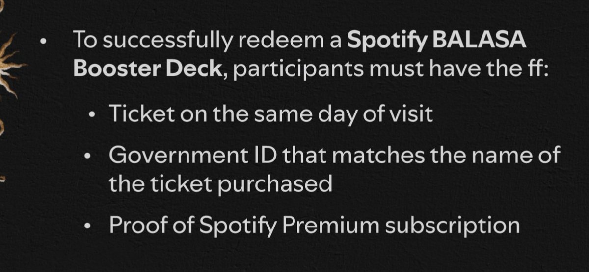 Glads 🍎 (@athena1614_) on Twitter photo <a href="/SpotifyPH/">Spotify Philippines</a> "Gov't ID that matches the name of the ticket purchased."
Paano po kung yung 3 tickets nakaname sa isang tao lang pero 3 diff. person ang gagamit at naka spotify premium naman yung 3. Each person can avail spotify balasa booster deck po diba?
Sana po masagot 🥹🙏🏻 <a href="/SpotifyPH/">Spotify Philippines</a> "Gov't ID that matches the name of the ticket purchased."
Paano po kung yung 3 tickets nakaname sa isang tao lang pero 3 diff. person ang gagamit at naka spotify premium naman yung 3. Each person can avail spotify balasa booster deck po diba?
Sana po masagot 🥹🙏🏻
