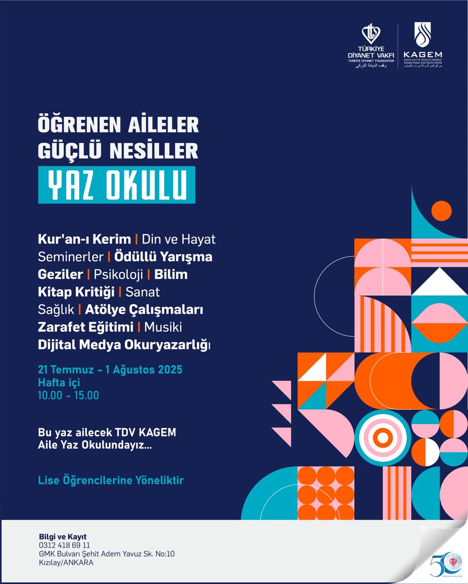 🎉 ÖĞRENEN AİLELER, GÜÇLÜ NESİLLER LİSE YAZ OKULU BAŞLIYOR!

🗓️ 21 Temmuz – 1 Ağustos 2025

🕙 Hafta içi her gün | 10.00 – 15.00

📍 TDV KAGEM | GMK Bulvarı Şehit Adem Yavuz Sk. No:10 Kızılay / ANKARA

🎯 Lise öğrencilerine yöneliktir.