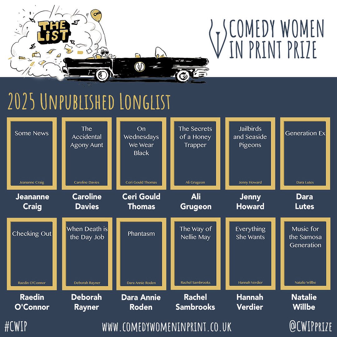 CWIPprize's tweet image. The 2025 Unpublished Longlist! It takes a lot of trust and courage to send off material into the unknown. But thank goodness you did. These 12 manuscripts have been longlisted by @herabooks for their standout comedic storytelling and commercial potential #CWIP