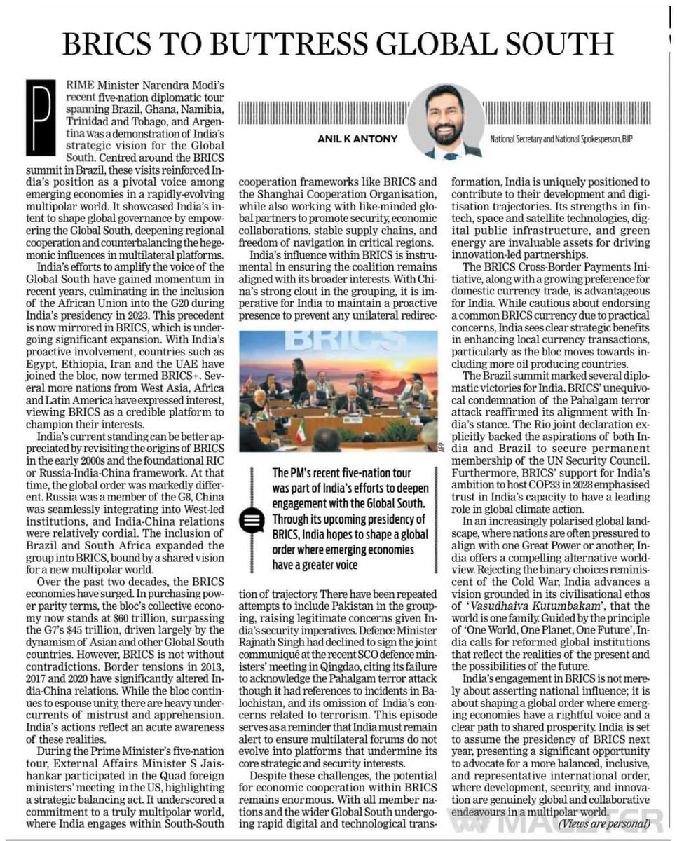 Anil K Antony (@anilkantony) on Twitter photo My opinion piece today in <a href="/NewIndianXpress/">The New Indian Express</a>
‘Prime Minister <a href="/narendramodi/">Narendra Modi</a>’s recent five-nation diplomatic tour spanning Brazil, Ghana, Namibia, Trinidad and Tobago, and Argentina was a demonstration of India’s strategic vision for the Global South. Centred around the #BRICS My opinion piece today in <a href="/NewIndianXpress/">The New Indian Express</a>
‘Prime Minister <a href="/narendramodi/">Narendra Modi</a>’s recent five-nation diplomatic tour spanning Brazil, Ghana, Namibia, Trinidad and Tobago, and Argentina was a demonstration of India’s strategic vision for the Global South. Centred around the #BRICS