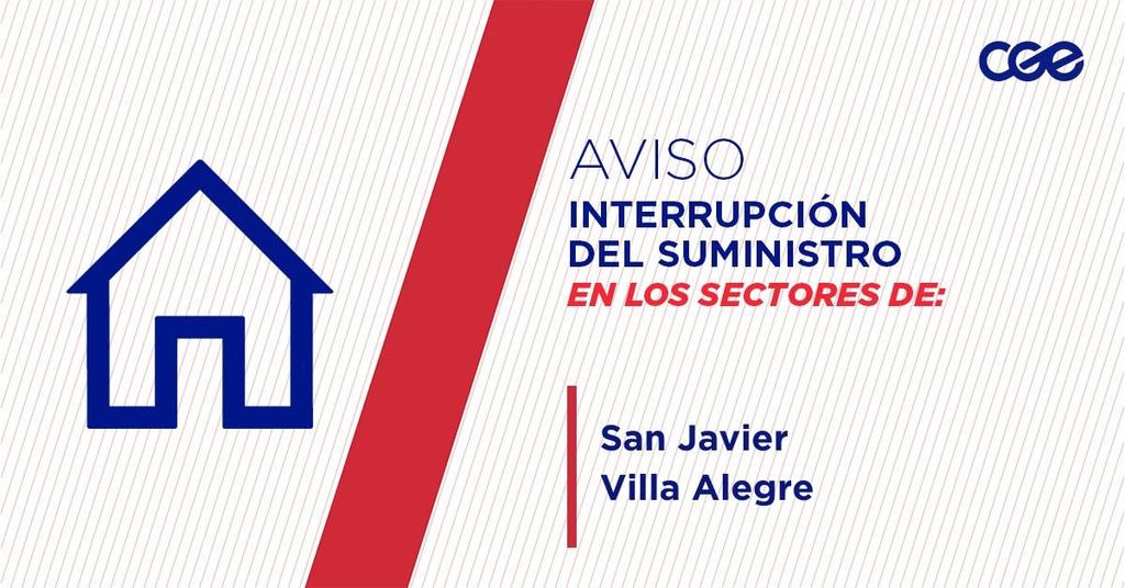 Informamos a nuestros clientes de los sectores de L-100, L-140, L-160, L-30-M, Poetiza Milagros Pradena de Lorca, comunas de #SanJavier y #VillaAlegre, la interrupción del suministro eléctrico. Nuestro personal emergencia ya está informado.