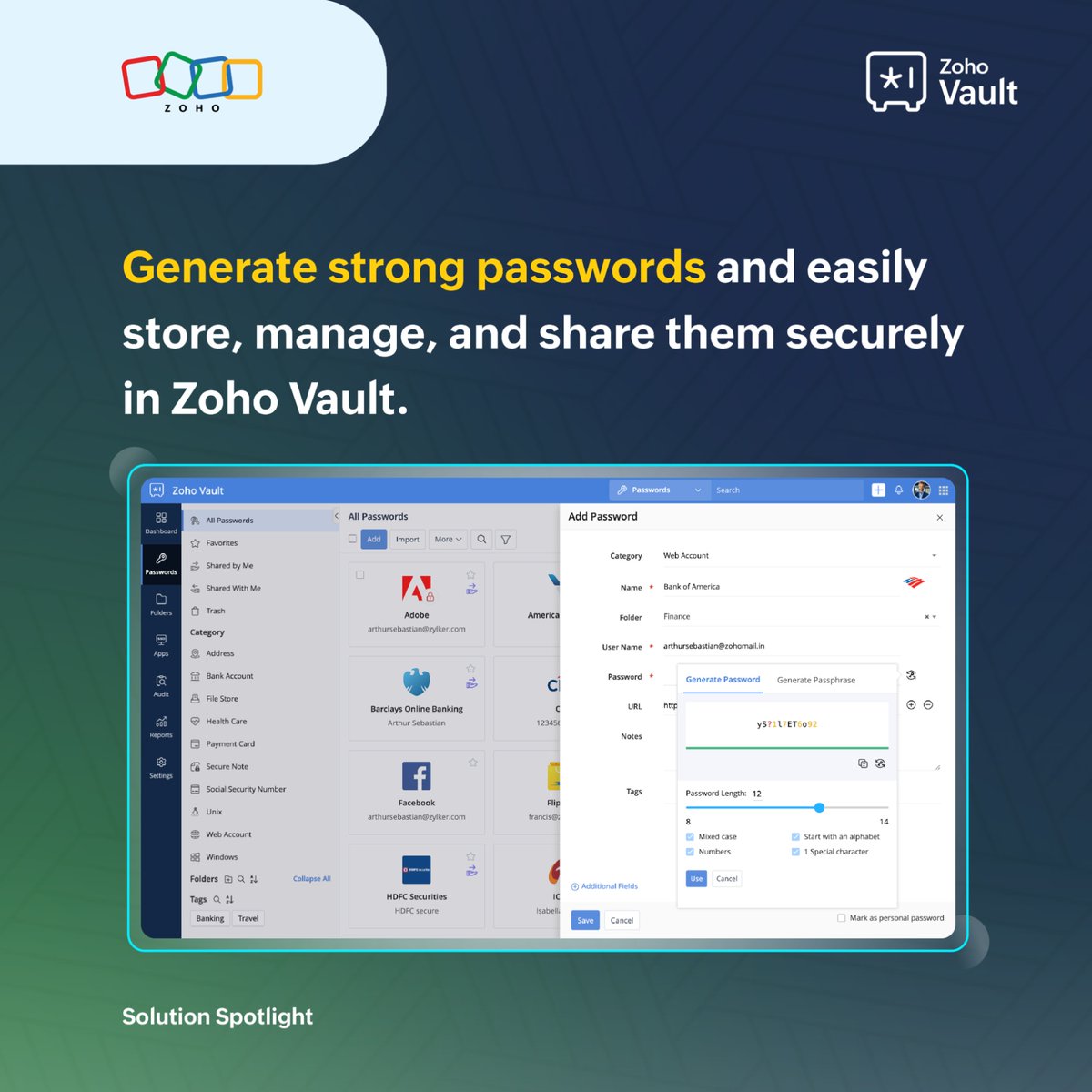 ZohoVault's tweet image. 🤔 Why stress over passwords when Zoho Vault can handle it all?
Use the built-in password generator to create strong passwords, then manage and share them easily—all in one place. 🔐
🔗 Download now: zurl.co/mXRZG
#SolutionSpotlight #DoMoreWithZohoVault