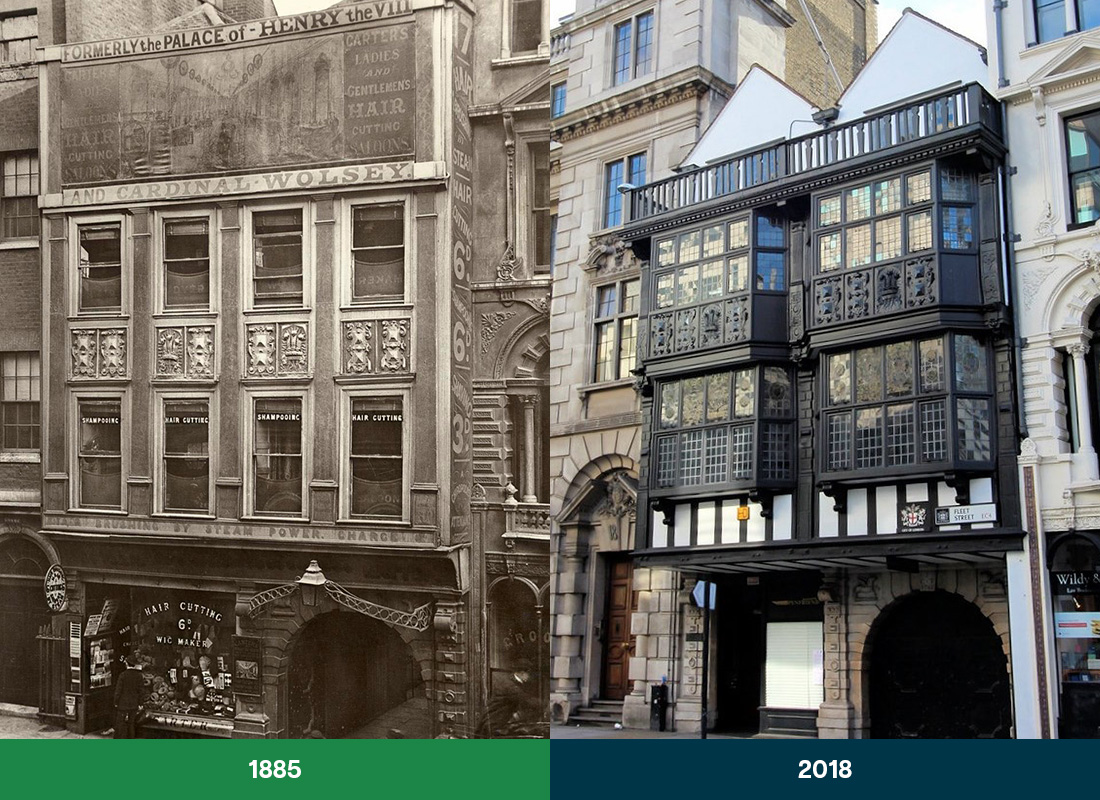 Spot the difference. 🔎

17 Fleet Street is a unique Jacobean survivor of the Great Fire of London in 1666.

In the 20th century, its original timber-framed frontage was discovered, and its windows were reconstructed to appear in their original form.