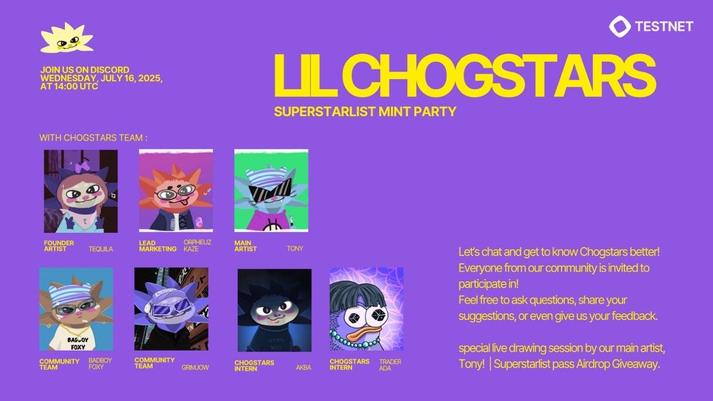 Monad Bros (@monadbros) on Twitter photo 🟣参与lil chogstars AMA有机会获得Superstarlist Pass🟣
<a href="/monad/">Monad ⨀</a> 生态的龙头NFT <a href="/chogstarrr/">lil chogstars ⨀</a> 将在今晚开启Superstarlist Pass NFT铸造。
⏰时间:2025. 7. 16 晚上22:00 (北京时间)
🎁资格:
1.已提交钱包的Superstarlist 角色
2.合作伙伴 <a href="/0xFastLane/">FastLane Labs</a> <a href="/opinionlabsxyz/">Opinion ⁒</a> 等抽奖活动的参与者 🟣参与lil chogstars AMA有机会获得Superstarlist Pass🟣
<a href="/monad/">Monad ⨀</a> 生态的龙头NFT <a href="/chogstarrr/">lil chogstars ⨀</a> 将在今晚开启Superstarlist Pass NFT铸造。
⏰时间:2025. 7. 16 晚上22:00 (北京时间)
🎁资格:
1.已提交钱包的Superstarlist 角色
2.合作伙伴 <a href="/0xFastLane/">FastLane Labs</a> <a href="/opinionlabsxyz/">Opinion ⁒</a> 等抽奖活动的参与者