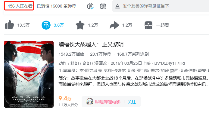 Maxim1975Zhang's tweet photo. @ItsDhanushka @BobDigi69 @SnyderRandom It did! It's 2 pm on a Wednesday here in China, and more than 400 people are watching BVS UE on bilibili right now; the number is likely to increase at night. The movie has 9.4 rating by more than 10k viewers. So the love is strong! https://t.co/KkyOZOVX1J