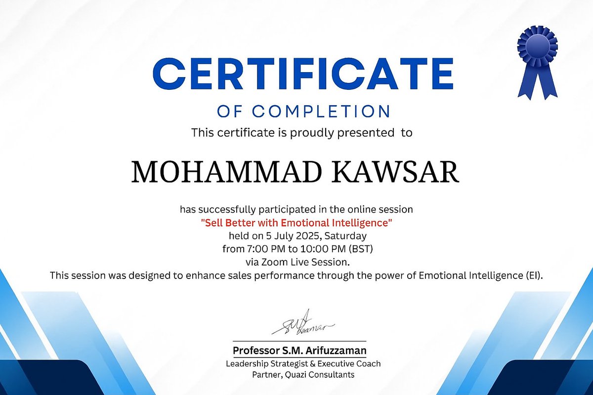iemkawsar's tweet photo. A heartfelt thank you to S.M. Arifuzzaman sir for the insightful and impactful session. Your guidance shed light on how emotional intelligence can truly transform client relationships and drive better sales results.

I'm grateful for the opportunity. https://t.co/OlsSSUcUFo