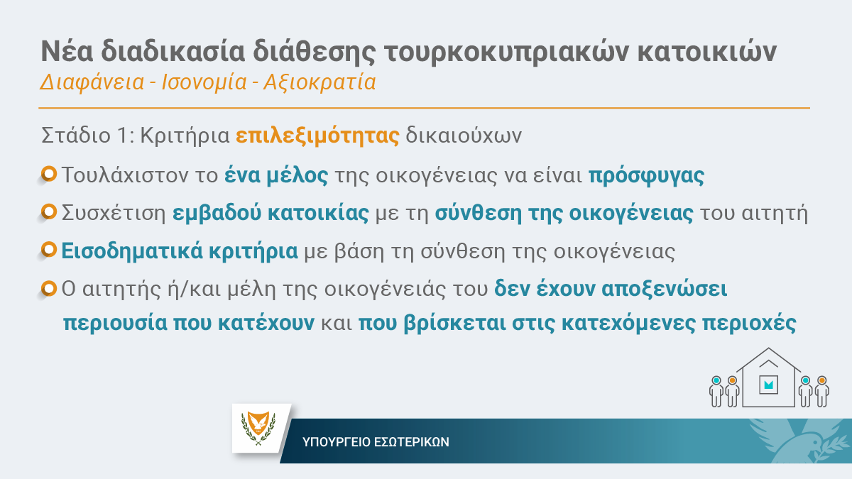 MinInteriorCY's tweet image. #ΤουρκοκυπριακέςΠεριουσίες
Διαφάνεια – Ισονομία – Αξιοκρατία
Νέα διαδικασία διάθεσης τουρκοκυπριακών κατοικιών
Στάδιο 1: Κριτήρια επιλεξιμότητας δικαιούχων
🔹 Τουλάχιστον το ένα μέλος της οικογένειας να είναι πρόσφυγας
🔹 Συσχέτιση εμβαδού κατοικίας με τη σύνθεση της…