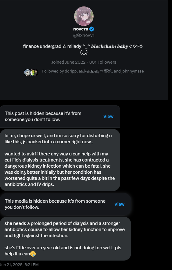 Grifters now trying to guilt trip me into saving their cat's life.

looooooool