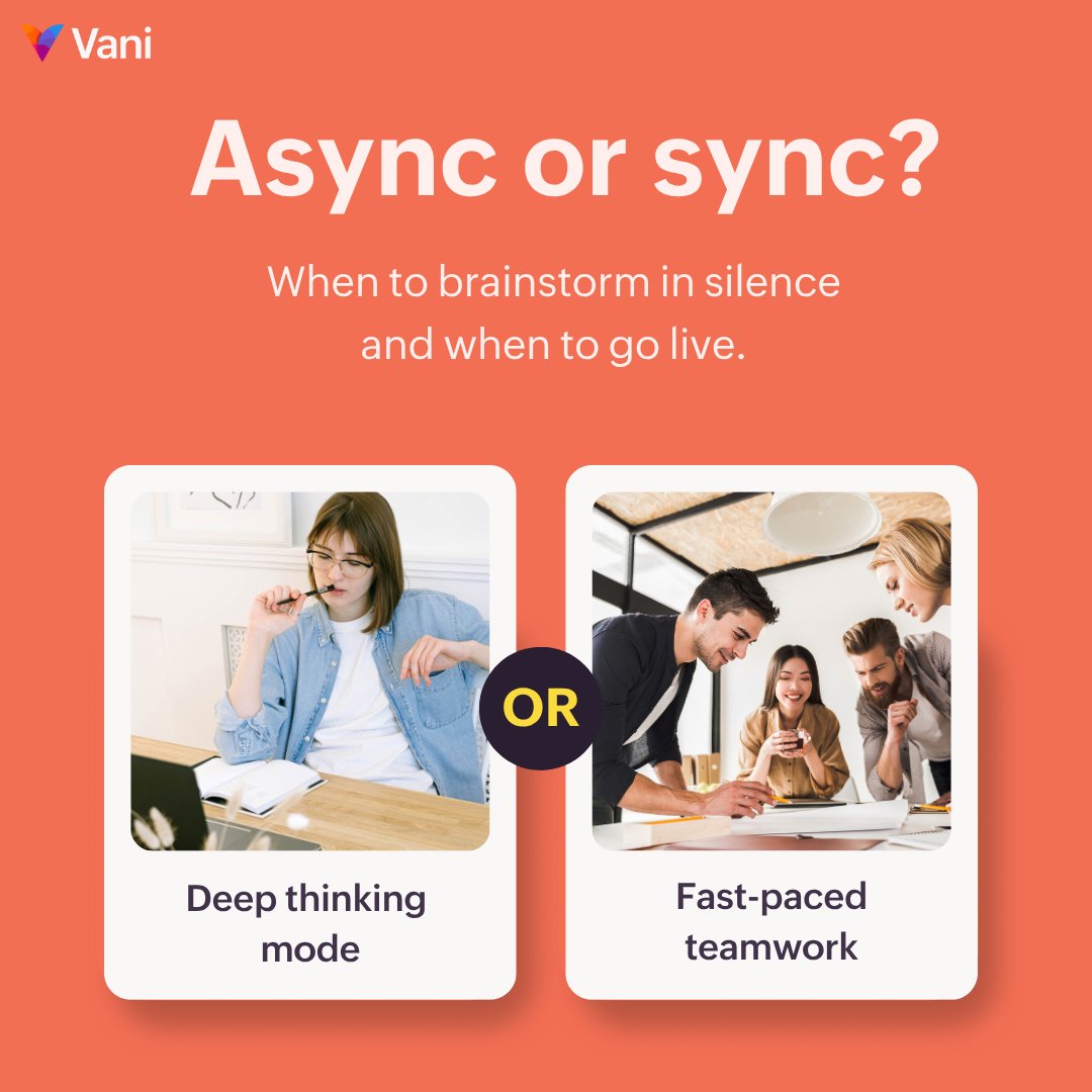VaniHQ's tweet image. Every team works differently. Some ideas need time. Others need to move fast.
Choose the right brainstorming style for your team.
What's your team's brainstorming style? Tell us in the comments. 😄
#vani #visualcollaboration #brainstorm #asynccollaboration
