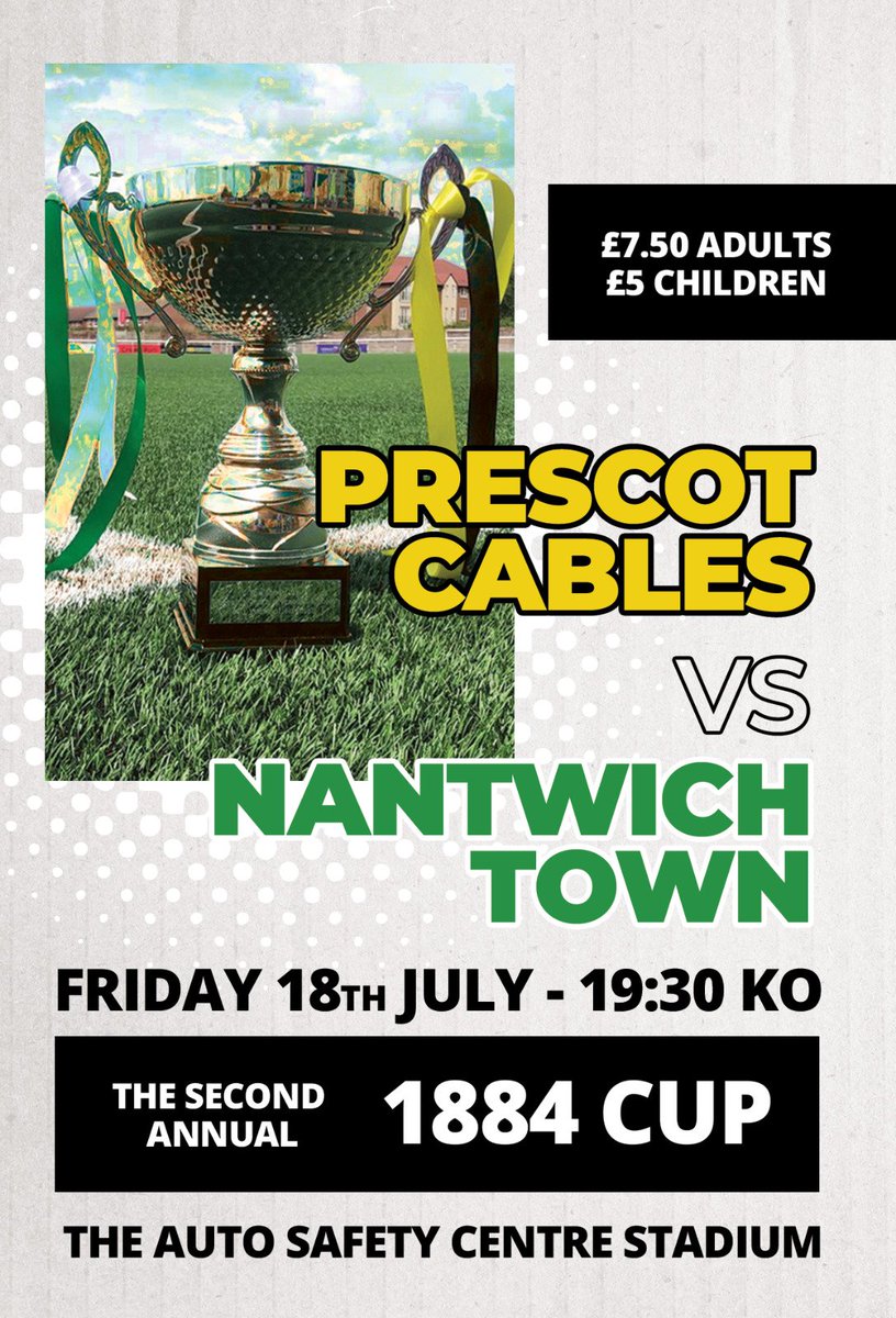 Prescot Cables FC (@prescotcablesfc) on Twitter photo We are back at home this Friday night when we host <a href="/TheDabbers/">Nantwich Town FC</a>.
The winner will lift The 1884 Cup, can Cables retain the trophy? 🏆
🎟 Adults £7.50 / Juniors £5.00
⏰️ KO 19:30hrs We are back at home this Friday night when we host <a href="/TheDabbers/">Nantwich Town FC</a>.
The winner will lift The 1884 Cup, can Cables retain the trophy? 🏆
🎟 Adults £7.50 / Juniors £5.00
⏰️ KO 19:30hrs
