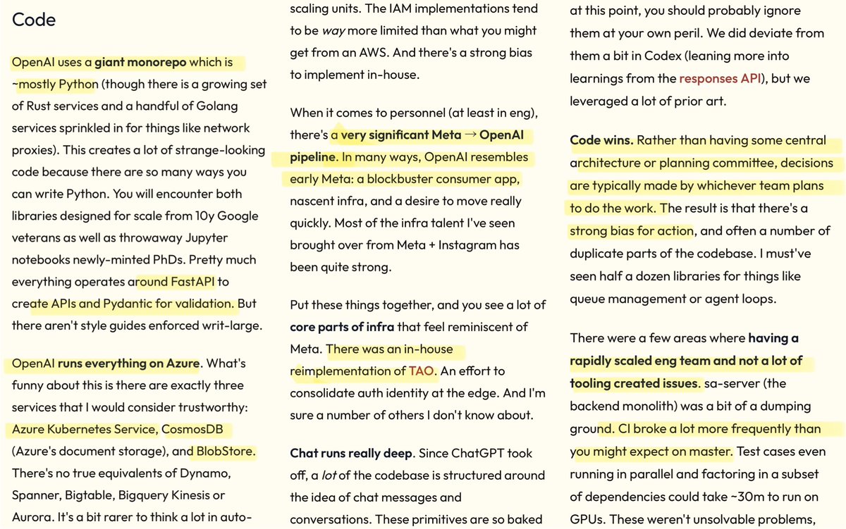 Most important tech blog this year: OpenAI engineer and ex-founder of $3.5B Segment wrote a tell all post about how OpenAI works internally.

From obsession with X, devout use of Slack to engineering culture and tech stack.

A peek under the hood of a generational company.