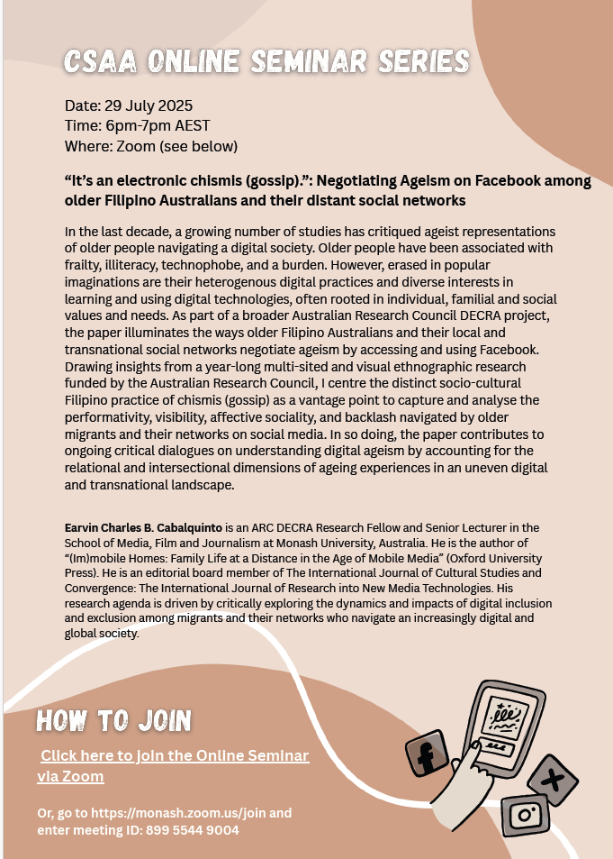 UPCOMING TALK! I'll be delivering a talk on 
unpacking digital #ageism in a #migration context by engaging with the Filipino socio-cultural practice of chismis (gossip) on Facebook. The presentation draws on a larger ARC DECRA project. See you there! #digitalivide