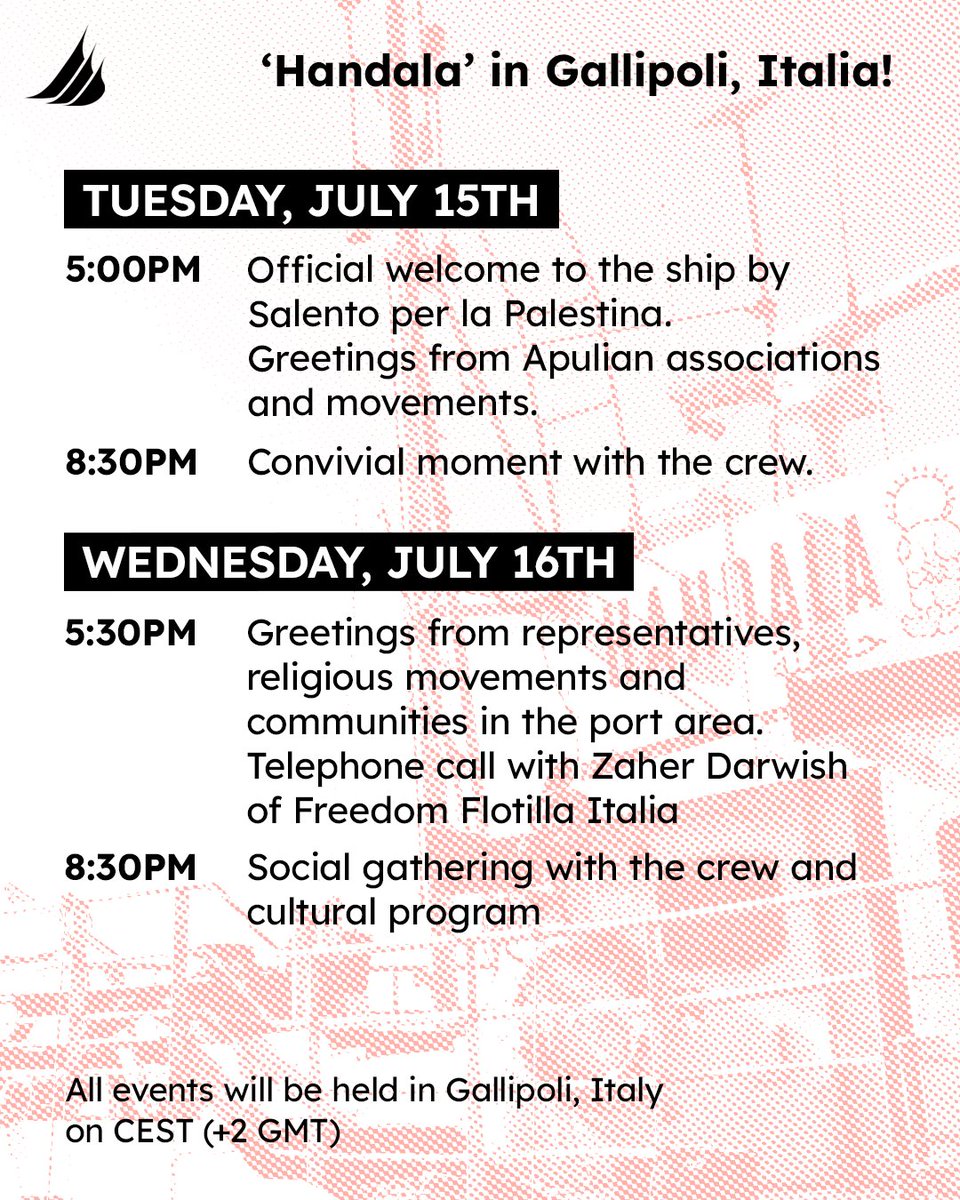 GFFAusGroup's tweet image. Ciao, #Gallipoli ! One final stop before sailing to break Israel's illegal siege of Gaza. 'Handala' continues mobilising on Italian soil, building in solidarity for the children of Gaza! We won't be deterred, we won't turn back! #BreakTheSiege #ForTheChildrenOfGaza