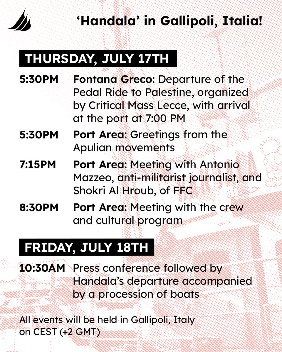 GFFAusGroup's tweet image. Ciao, #Gallipoli ! One final stop before sailing to break Israel's illegal siege of Gaza. 'Handala' continues mobilising on Italian soil, building in solidarity for the children of Gaza! We won't be deterred, we won't turn back! #BreakTheSiege #ForTheChildrenOfGaza