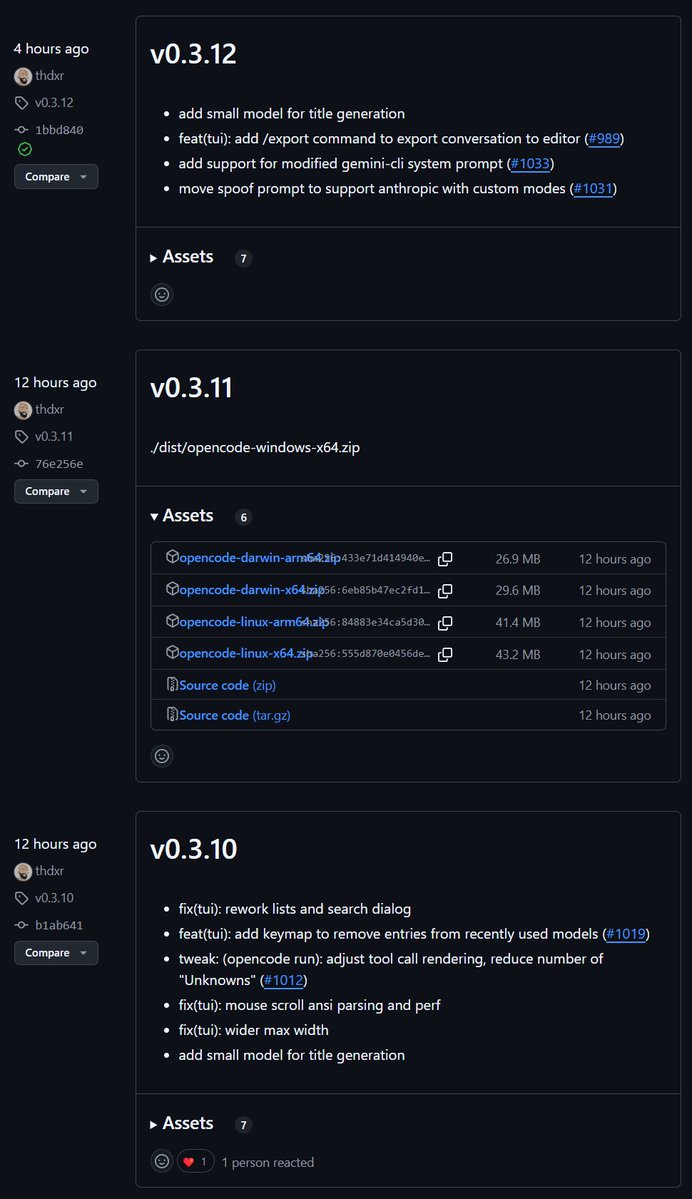 cheatyyyy's tweet image. opencode is shipping so fast they're fucking up the changelog lol @thdxr