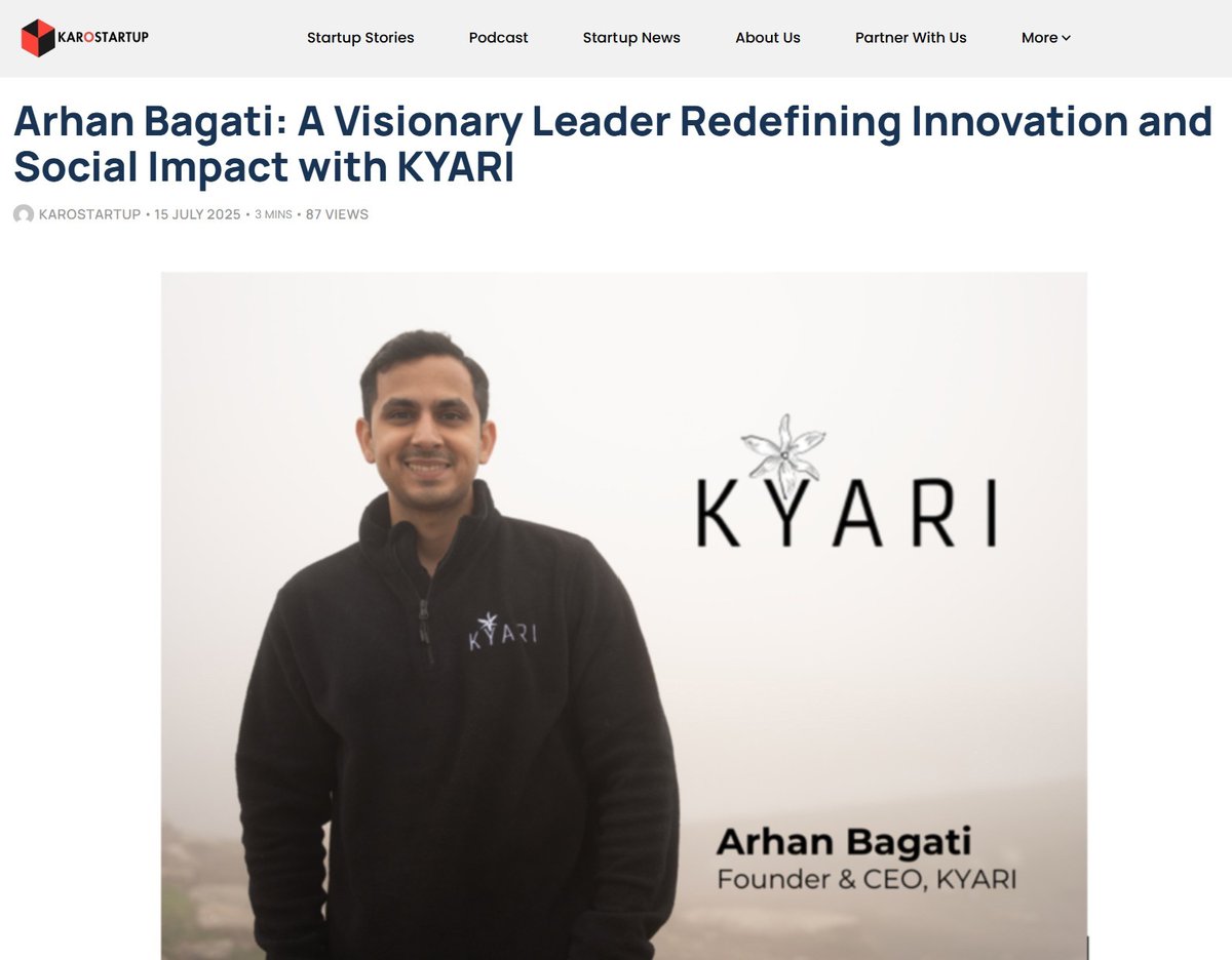 Arhan Bagati (@iamarhanbagati) on Twitter photo Grateful to @KaroStartup for this generous feature 🙏
Every step at <a href="/IndiaKyari/">KYARI India</a> is a step towards innovation with impact, and this recognition fuels the journey ahead.
From the valleys of Kashmir to classrooms at <a href="/Kennedy_School/">Harvard Kennedy School</a>, the vision stays the same — building solutions Grateful to @KaroStartup for this generous feature 🙏
Every step at <a href="/IndiaKyari/">KYARI India</a> is a step towards innovation with impact, and this recognition fuels the journey ahead.
From the valleys of Kashmir to classrooms at <a href="/Kennedy_School/">Harvard Kennedy School</a>, the vision stays the same — building solutions
