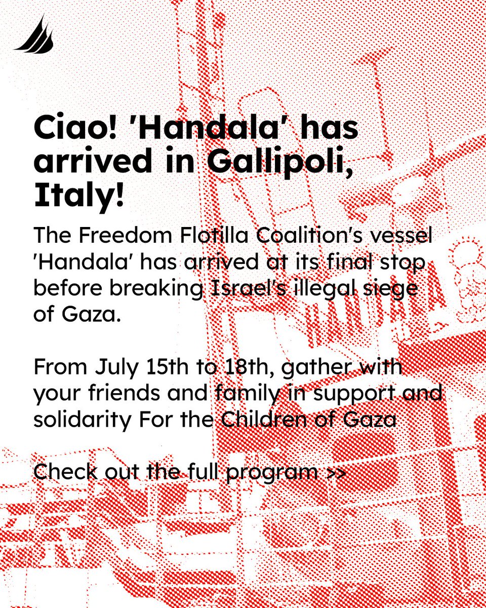 GFFAusGroup's tweet image. Ciao, #Gallipoli ! One final stop before sailing to break Israel's illegal siege of Gaza. 'Handala' continues mobilising on Italian soil, building in solidarity for the children of Gaza! We won't be deterred, we won't turn back! #BreakTheSiege #ForTheChildrenOfGaza