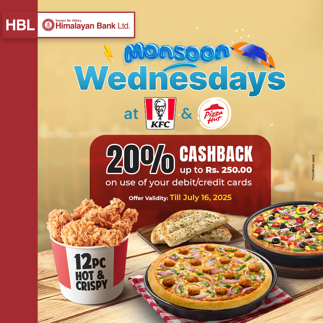 Don’t Just Eat. Treat Yourself with KFC Nepal every Wednesday till July 16, 2025 with your Himalayan Bank Debit and Credit Cards
#HimalayanBank #MonsoonWednesday #KFC #hbloffers