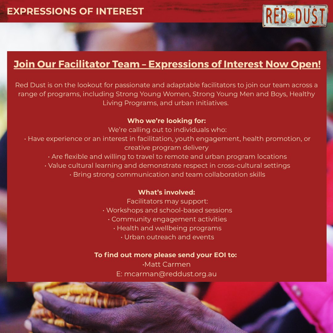 🚨 We’re on the lookout! 🚨

Red Dust is calling for Expressions of Interest from passionate, inspiring facilitators who are ready to make a real impact in remote First Nations communities.

Click this link to tell us about yourself: ow.ly/3aQ150WqkN5