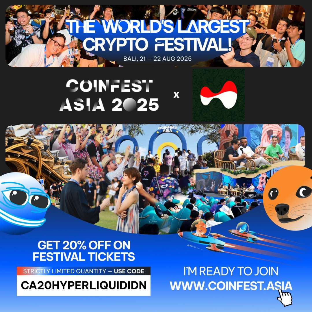 Hyperliquid_IDN's tweet image. Halo temen2 selamat ya untuk pemenang GA tiket coinfest kemarin. Yang belum kedapetan jangan sedih. Ini bisa pake kode CA20HYPERLIQUIDIDN . Untuk dapetin diskon 20%. Sampe jumpa ya bulan depan di @CoinfestAsia
