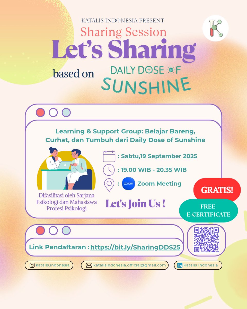 catandmars's tweet photo. Buat yang mau sharing-sharing, berkeluh-kesah, cerita-cerita apapun itu yang based on daily dose of sunshine, langsung ikutan ya~ nanti didampingi sama sarjana dan magister profesi psikologi 🙌

#Webinar #SharingSession #Gratis #Psikologi #DailyDoseofSunshine https://t.co/X3v93OTunx