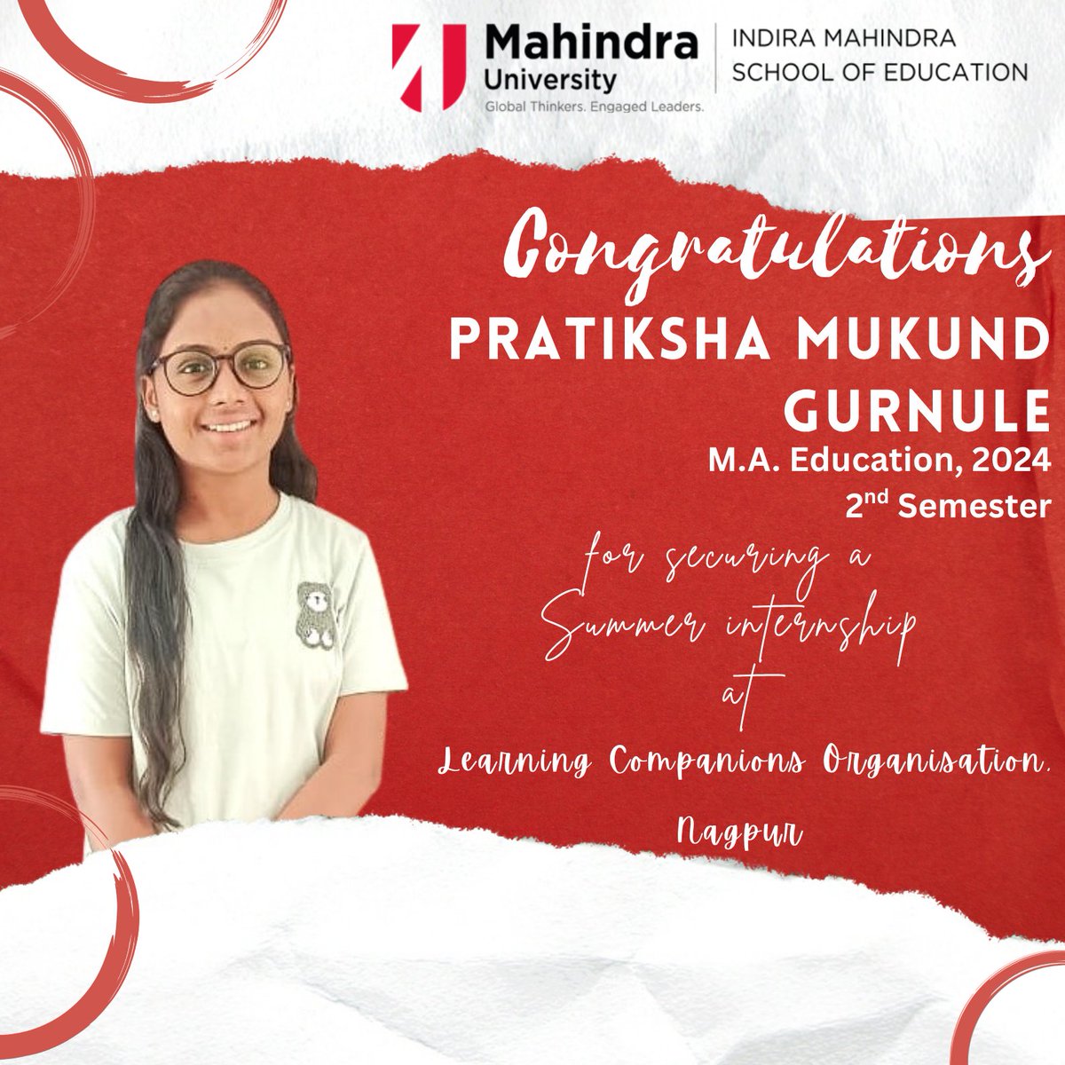 IMSE_MU's tweet image. Congratulations to Pratiksha Mukund Gurnule!

We are delighted to share that Pratiksha, 2nd semester M.A. Education student at the Indira Mahindra School of Education (IMSE), Mahindra University, has joined Learning Companions, Nagpur, for summer internship.

#IMSE #MahindraUni