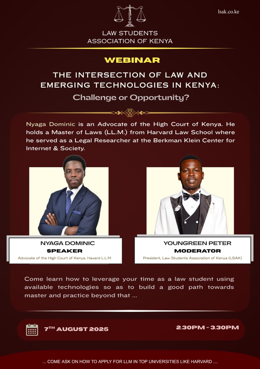LSAK254's tweet image. Law meets tech, what next? 
Join LSAK on 7th Aug, 2:30pm for a bold talk with
🎙️ Nyaga Dominic (Harvard LL.M)
🎙️ Youngreen Mudeyi (LSAK President)

Are we evolving with tech or being outpaced?
🔗 Meet link drops 2nd Aug
#LSAK #LawAndTech #FutureOfLaw