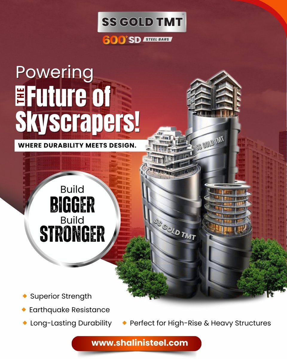 SSGOLDTMT's tweet image. Build Bigger. Build Stronger. Build the Future.
With SS GOLD TMT 600+ SD Steel Bars, you&apos;re not just constructing buildings — you&apos;re powering tomorrow’s skyscrapers.
Explore more at shalinisteel.com
#SSGoldTMT #StrongerStructures #TMTBars #HighRiseBuilding #SteelThatLasts