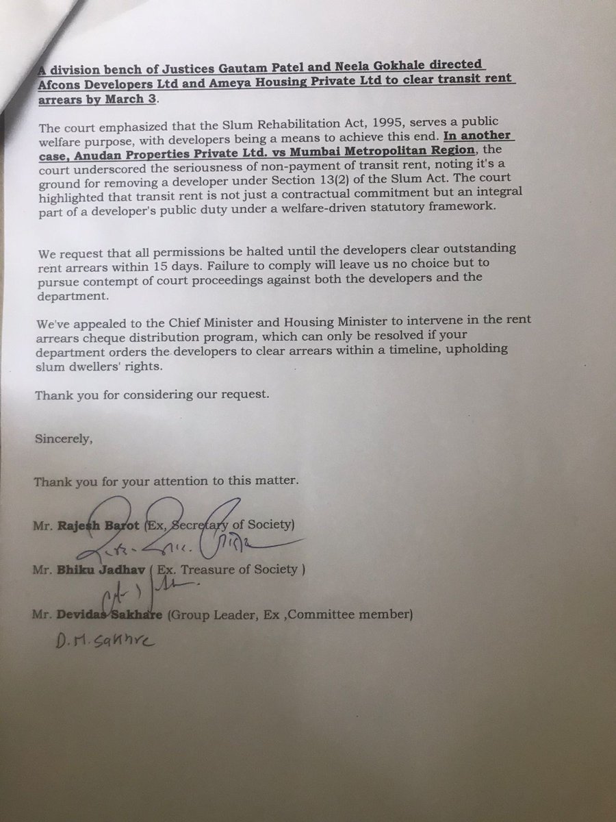 I would like to bring to your attention the non-compliance by SRA's Assistant Registrar Officer, Mrs. Sandhya Bawankule, and the Engineering Department with the High Court's judgment and circular regarding recovery of rent arrears from developers. Instead of recovering arrears,