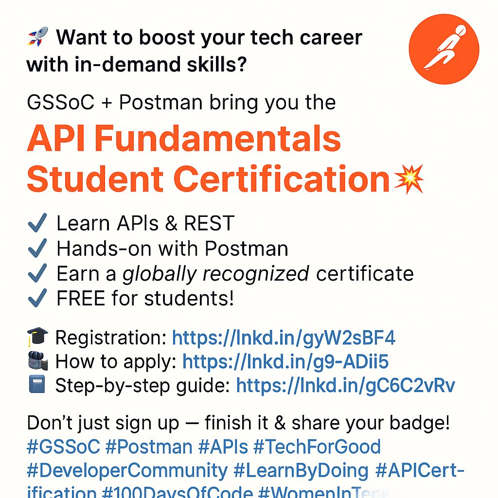 sparktechbytes's tweet image. 🚀 Want to boost your tech career with in-demand skills?

GSSoC + Postman bring you the API Fundamentals Student Certification! 💥

✅ Learn APIs &amp;amp; REST
✅ Hands-on with Postman
✅ Earn a globally recognized certificate
✅ FREE for students!

 #100DaysOfCode #WomenInTech