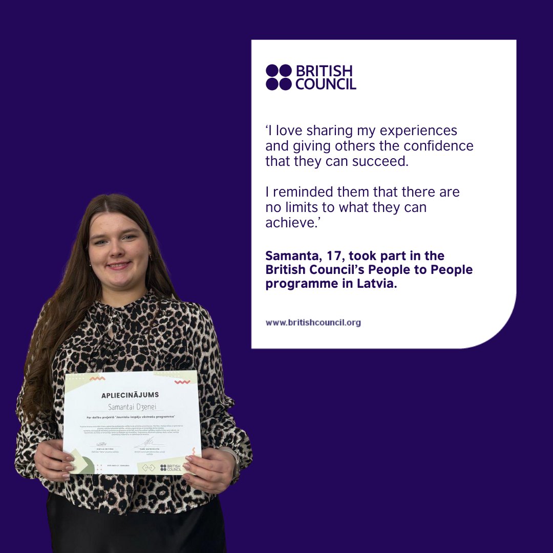 trBritish's tweet image. 'Sometimes, it felt like they would run off to apply for opportunities as soon as the bell rang!'
Samanta, 17, visited five schools and spoke to over 360 students as part of the British Council’s People to People in Latvia: ow.ly/vHoj50Wj60E
#HumanStories