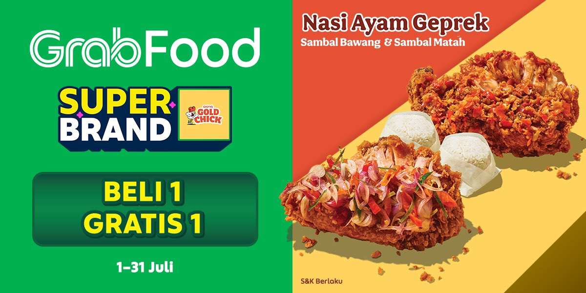 GrabID's tweet photo. Suka bingung milih sambal geprek? Mending #ngeGrabFood Ayam Geprek Gold Chick sekarang karena lagi promo BELI 1 Nasi Ayam Geprek Sambal Bawang GRATIS 1 Nasi Ayam Geprek Sambal Matah.
Gas, hajar promonya!!π€€π₯https://t.co/4DIFaSxwoC
@GrabFoodID #GrabFoodID https://t.co/YhHYLhHQYK