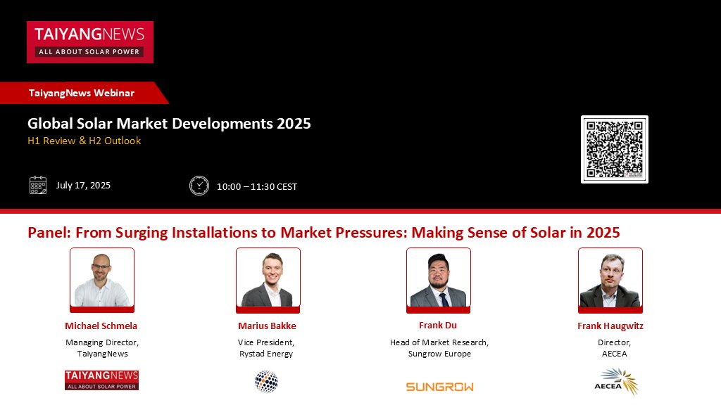 TaiyangNews - All About Solar (@taiyangnews) on Twitter photo 📢Just 1 day to go! Join <a href="/TaiyangNews/">TaiyangNews - All About Solar</a> Webinar on #GlobalSolarMarketDevelopments 2025 on📅 July 17 with insights on H1 & preview of H2 for the🌞solar industry from:
🔹 Marius Bakke <a href="/RystadEnergy/">Rystad Energy</a>
🔹 Frank Du <a href="/Sungrow_Power/">Sungrow</a>
🔹 Frank Haugwitz AECEA
Register🆓👉bit.ly/4koEO2M 📢Just 1 day to go! Join <a href="/TaiyangNews/">TaiyangNews - All About Solar</a> Webinar on #GlobalSolarMarketDevelopments 2025 on📅 July 17 with insights on H1 & preview of H2 for the🌞solar industry from:
🔹 Marius Bakke <a href="/RystadEnergy/">Rystad Energy</a>
🔹 Frank Du <a href="/Sungrow_Power/">Sungrow</a>
🔹 Frank Haugwitz AECEA
Register🆓👉bit.ly/4koEO2M