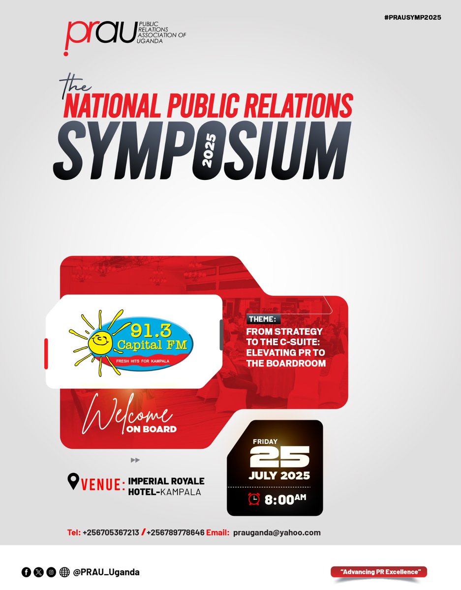 PRAU-Uganda (@prau_uganda) on Twitter photo We are delighted to welcome 91.3 <a href="/CapitalFMUganda/">Capital FM Uganda</a> as part of our proud sponsors for the National Public Relations Symposium 2025 happening this Friday.
#PRAUPRSymposium25 #NPRS25 #NationalPRSymposium25. We are delighted to welcome 91.3 <a href="/CapitalFMUganda/">Capital FM Uganda</a> as part of our proud sponsors for the National Public Relations Symposium 2025 happening this Friday.
#PRAUPRSymposium25 #NPRS25 #NationalPRSymposium25.