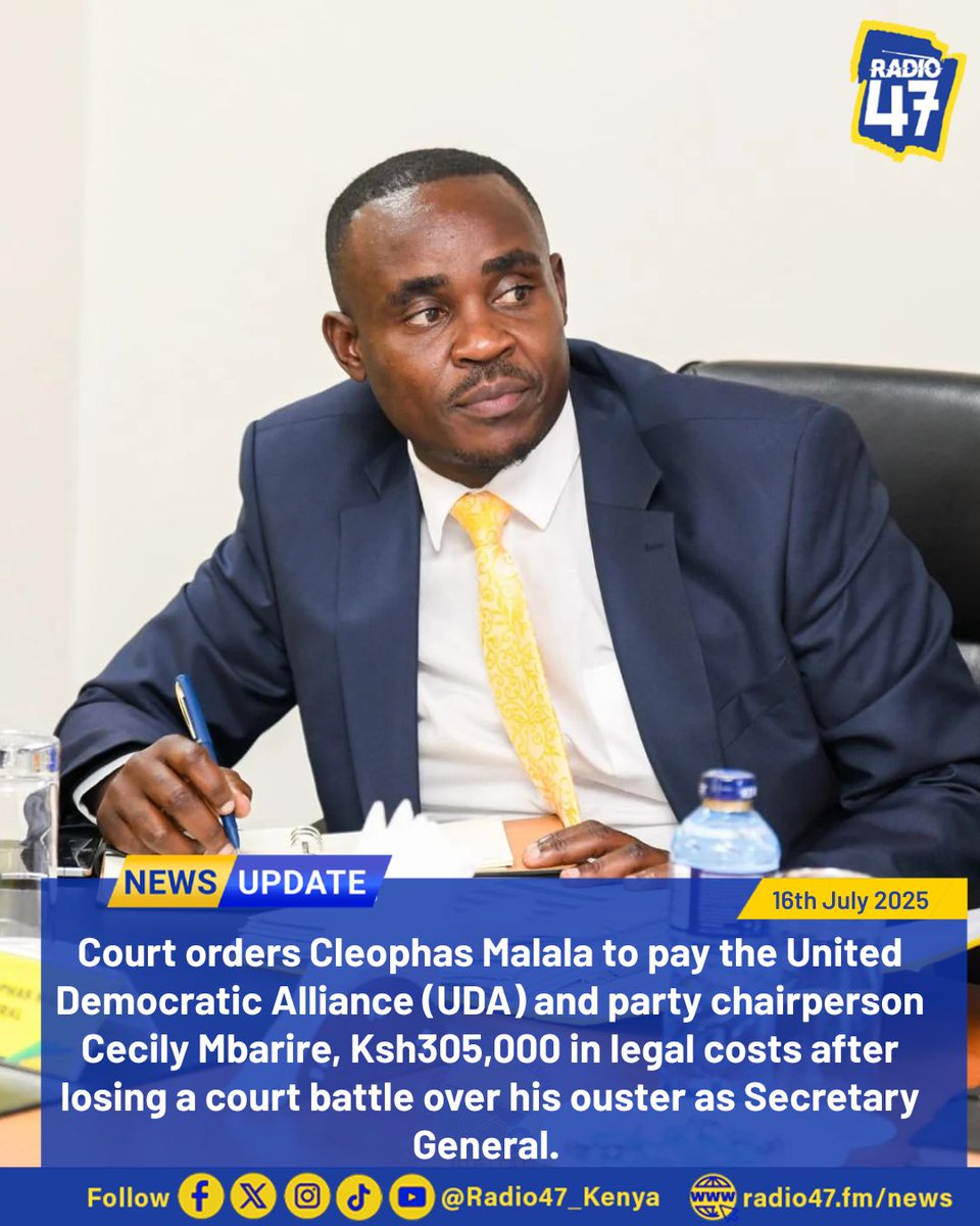 Mahakama imemwagiza Cleophas Malala alipe Chama cha United Democratic Alliance (UDA) na mwenyekiti wa chama hicho Cecily Mbarire KSh 305,000 kama gharama za kesi, baada ya kushindwa katika kesi ya kupinga kuondolewa kwake katika wadhfa wa Katibu Mkuu.

#HapaNdipo