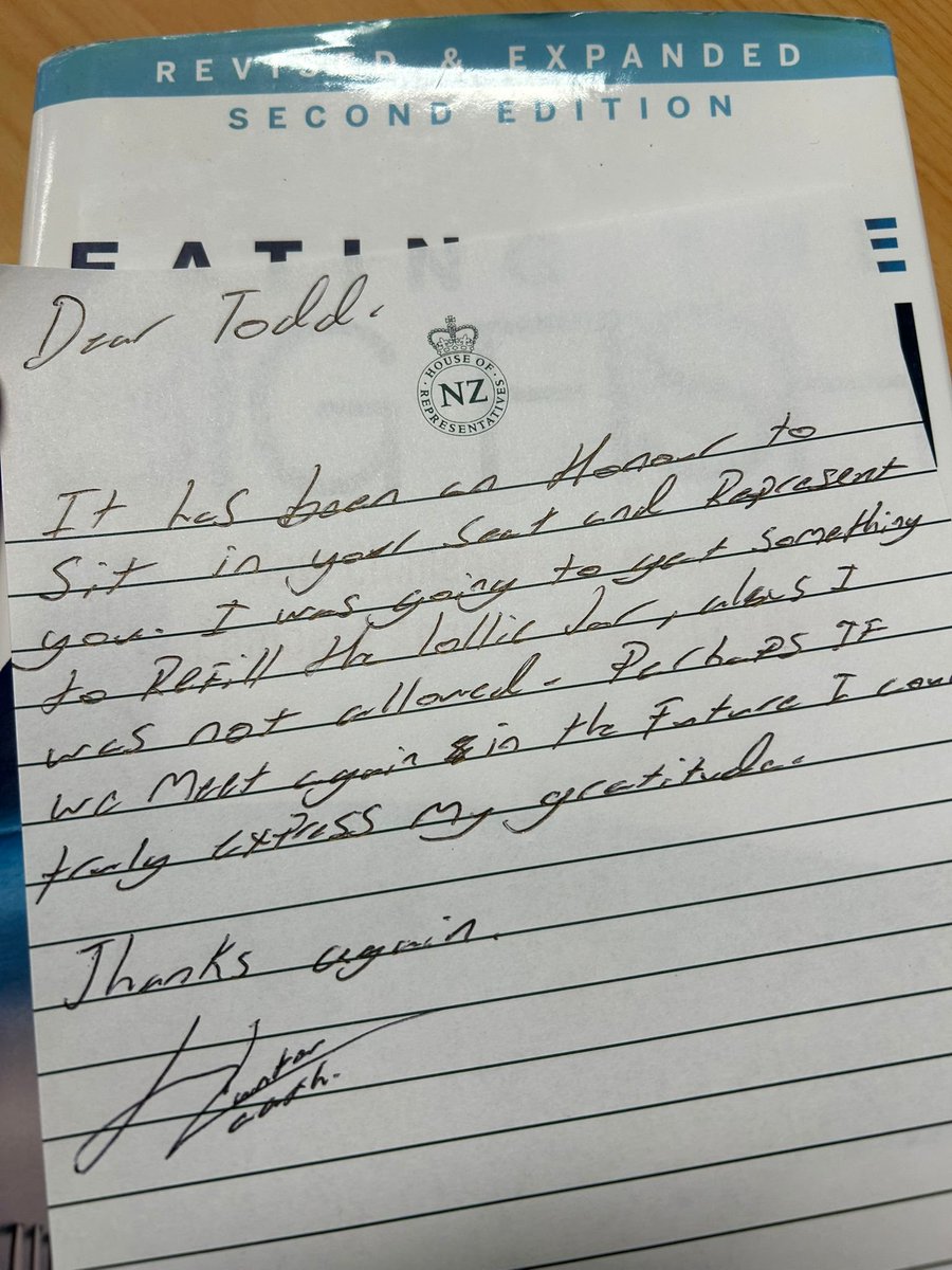 toddmstephenson's tweet image. How nice to find this note at my seat from my Youth MP!
Sorry to hear about the lolly jar Hunter. Red tape gone mad.