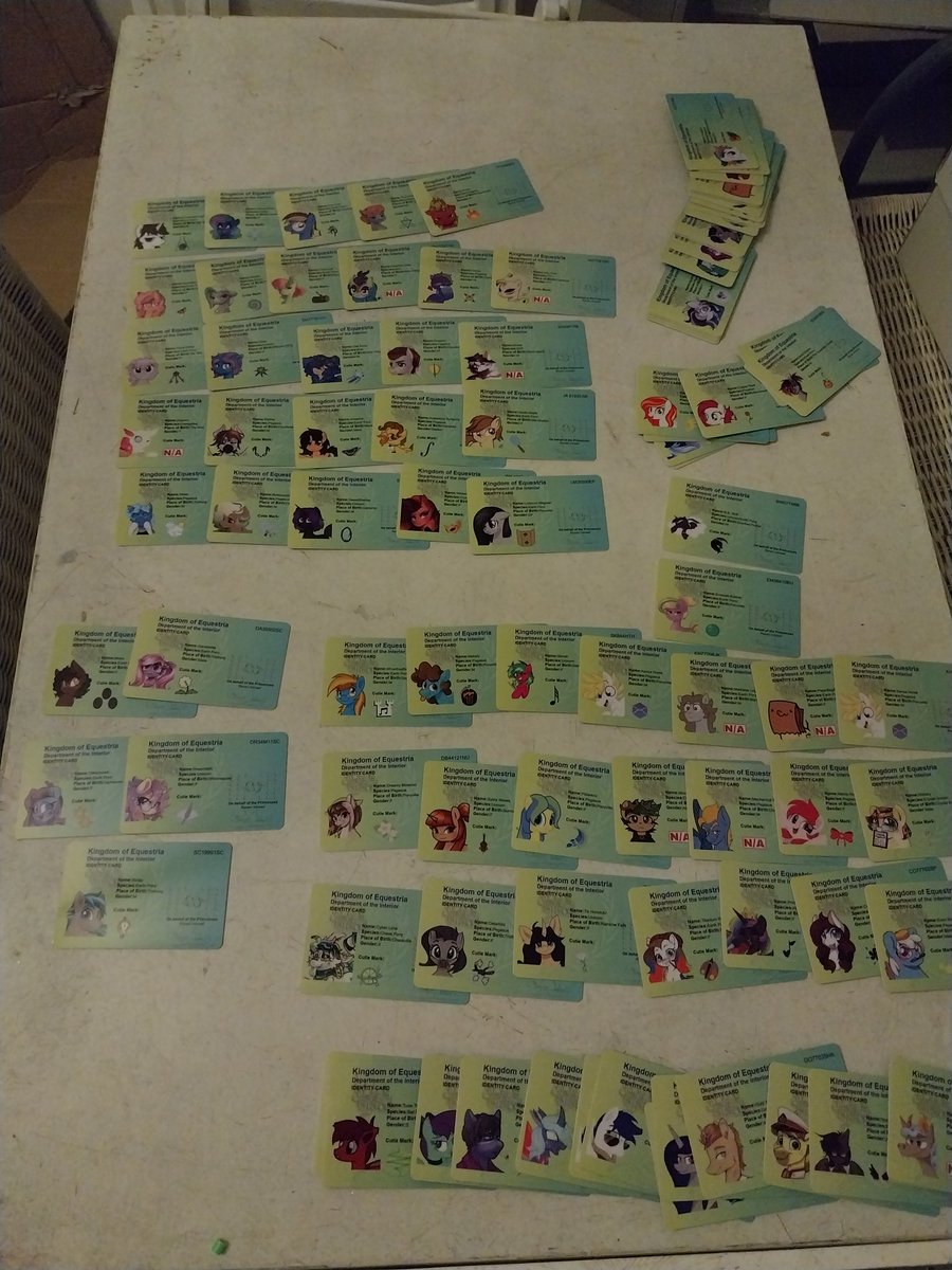 Hello Everypony! I received the cards from the producer and already began shipping.For all those who choose the in person pickup, see you at Galacon(or PCH)!

NOTE:If you don't see your card in the pic, don't worry: there are more in another batch.Ask me if you want to see yours!