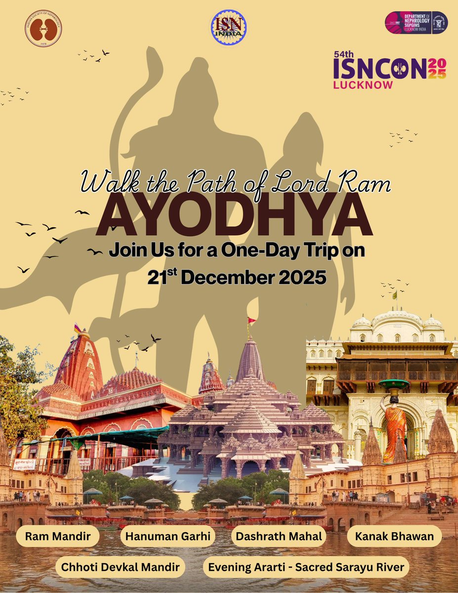 Isncon25's tweet image. β¨ Embark on a Sacred Journey to Ayodhya! β¨
As part of ISNCON 2025, join us on a special One-Day Trip on 21st December to explore the divine city of Lord Ram ππ«
Letβs walk through faith, history & culture β together π
#AyodhyaTrip #ISNCON2025 #SpiritualExperience #Nephro