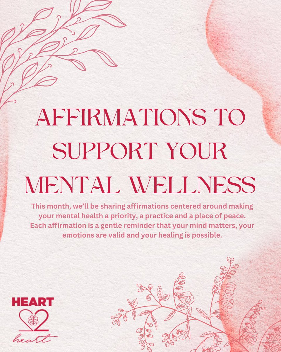 Heartyspaces's tweet image. It’s raining affirmations this month at Heart to Heart Spaces.
Mental health affirmations are short, positive statements that help you challenge & reframe negative or unhelpful thoughts. When used consistently, they can support emotional well-being & a more balanced mindset.