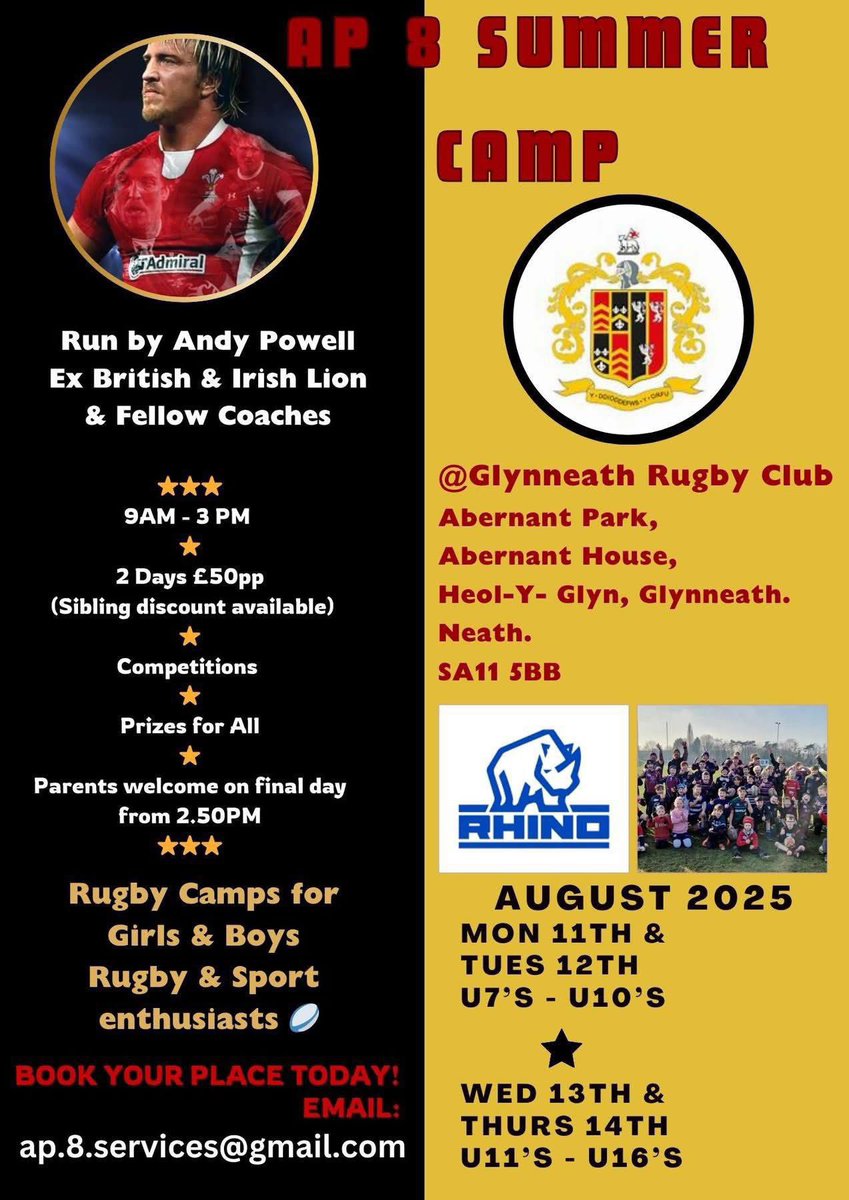 Glynneath RFC (@glynrfc) on Twitter photo Looking for an activity for the kids over the summer holidays? Why not book them in for a two day rugby camp with Welsh International <a href="/andypowell8/">Andy Powell</a> at Abernant Park? See poster for details Looking for an activity for the kids over the summer holidays? Why not book them in for a two day rugby camp with Welsh International <a href="/andypowell8/">Andy Powell</a> at Abernant Park? See poster for details