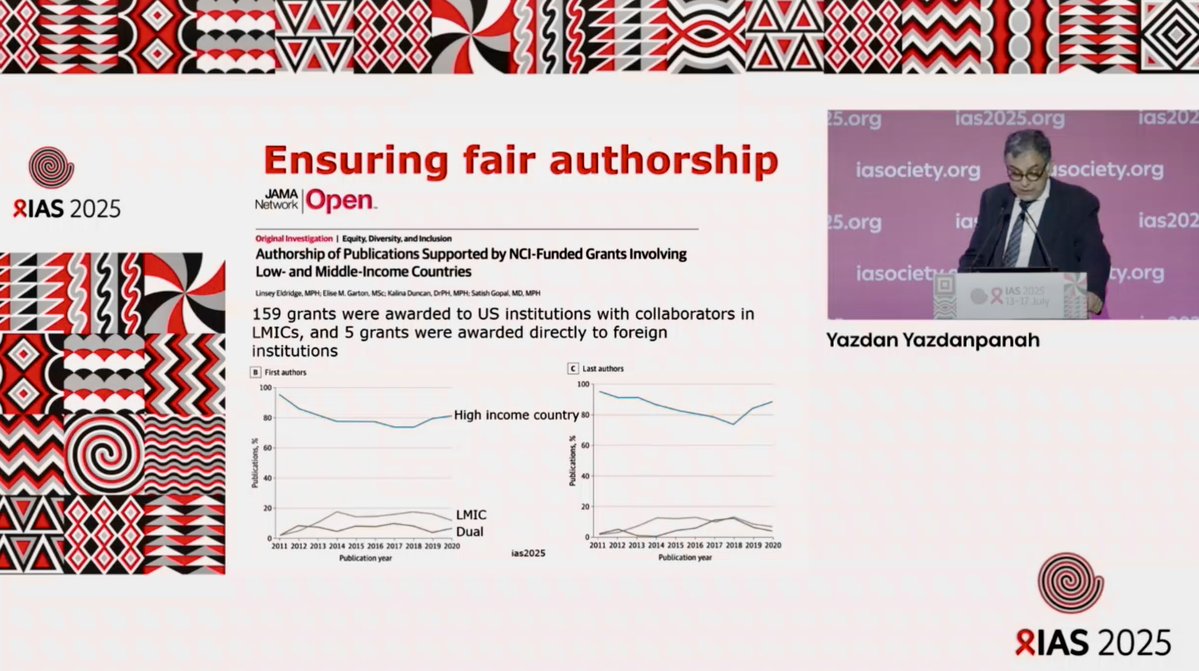 krishensamuel's tweet image. At #IAS2025 @yazdanpanah_y highlights something we don’t speak about enough: lack of equity in grants & authorship between researchers from high-income countries & those from lower income countries — where the research is usually conducted.
Little has changed over a decade…