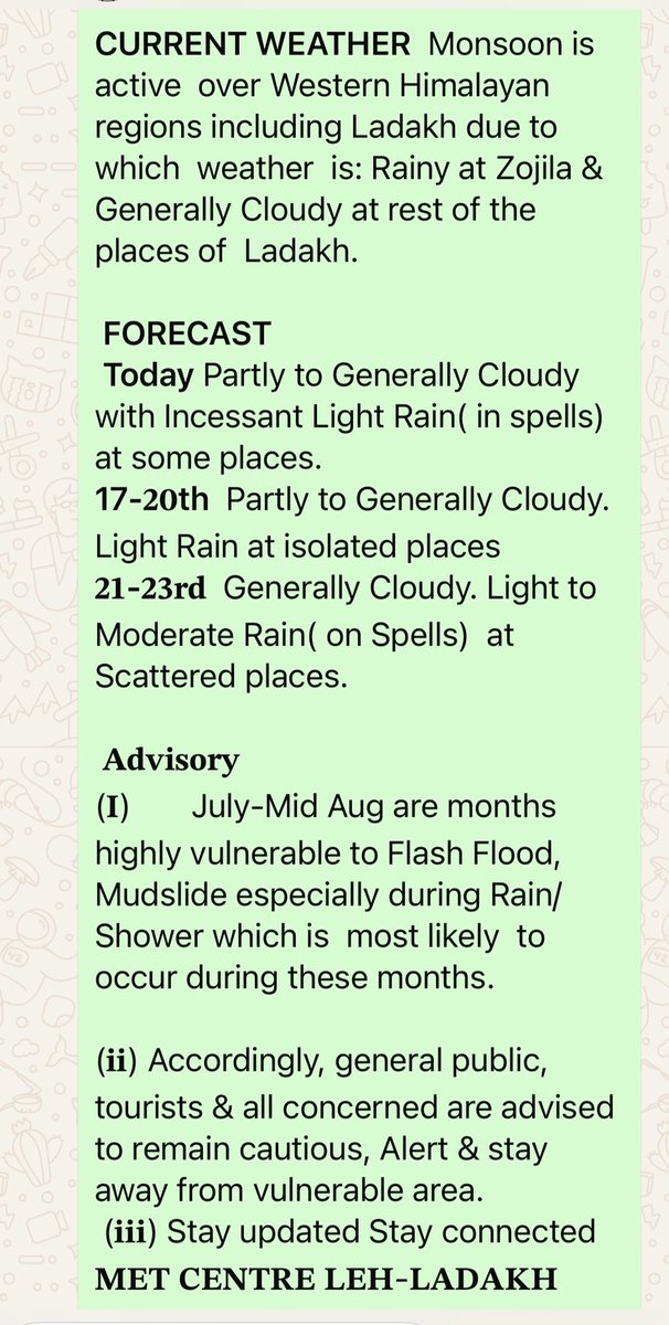 metcentreleh's tweet image. Weather Forecast LADAKH(16.7.25)
Monsoon is active over Northern India including Ladakh.
Currently it鈥檚 cloudy at most places of Ladakh
饾悈饾惃饾惈饾悶饾悳饾悮饾惉饾惌
Partly to Generally Cloudy till 20th
饾煇饾煆-饾煇饾煈饾惈饾悵: Rain at scattered places .