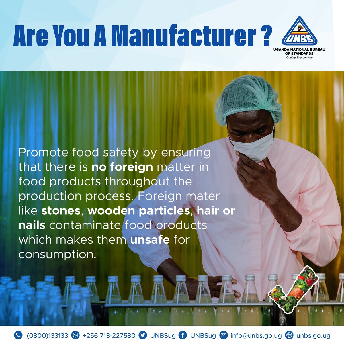 UNBSug's tweet image. Are you a manufacturer?
 
Promote food safety by ensuring that there is no foreign matter in food products throughout the production process. Foreign mater  like stones, wooden particles, hair or nails contaminate food products which makes them unsafe for consumption.…