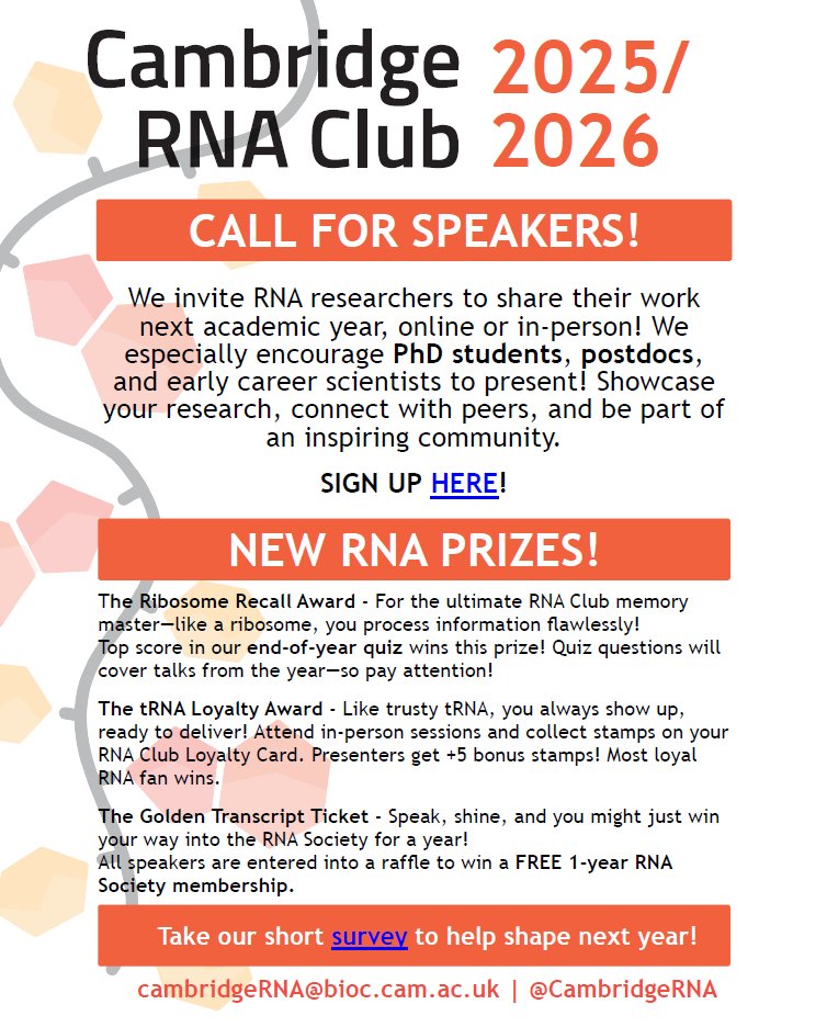 Cambridge RNA Club (@cambridgerna) on Twitter photo The call for 2025/2026 Cambridge RNA Club is open!! Contact us if you are interested
<a href="/CamBiochem/">Cambridge Biochemistry</a> <a href="/GurdonInstitute/">Gurdon Institute</a> <a href="/Cambridge_Uni/">Cambridge University</a> The call for 2025/2026 Cambridge RNA Club is open!! Contact us if you are interested
<a href="/CamBiochem/">Cambridge Biochemistry</a> <a href="/GurdonInstitute/">Gurdon Institute</a> <a href="/Cambridge_Uni/">Cambridge University</a>