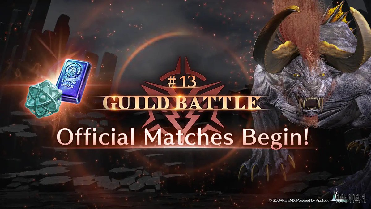 FFVII_EC_EN's tweet image. Guild Ranking Guild Battle #13 Official Matches On Now!
Work together with your Guild members to defeat bosses and earn scores!
Get luxurious rewards such as Mythril Ingot and Guild Medals according to your rank!
Until: Jul. 22 5:59 PM PDT
#FF7EC #FF7EverCrisis