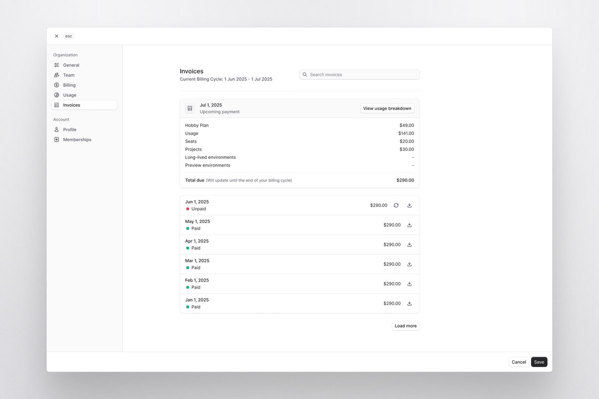 ludvigrask_'s tweet image. Invoices overview for the @medusajs Cloud settings modal 🧾