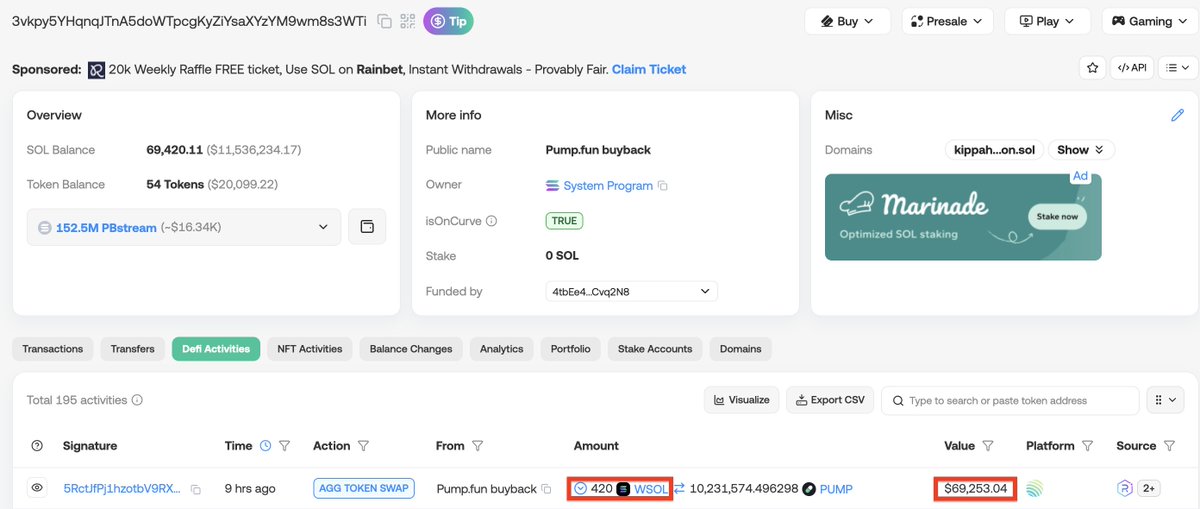 harrison.bnb | 哈里森 (@spaceidharrison) on Twitter photo The <a href="/pumpdotfun/">pump.fun</a> buyback wallet used 420 $SOL to buy $69k of $PUMP... nice 🕶️ The <a href="/pumpdotfun/">pump.fun</a> buyback wallet used 420 $SOL to buy $69k of $PUMP... nice 🕶️
