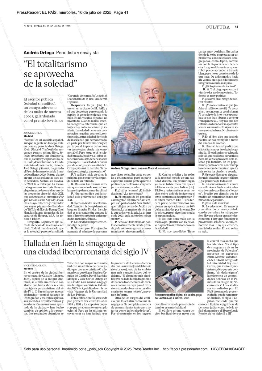 “El País entrevista a Andrés Ortega Klein, autor de Soledad sin solitud, Premio Jovellanos 2025:
‘La soledad puede doler. La solitud se busca. Es creativa, sana, necesaria.’
Ya a la venta en 👉 edicionesnobel.com
#PremioJovellanos #SoledadSinSolitud”