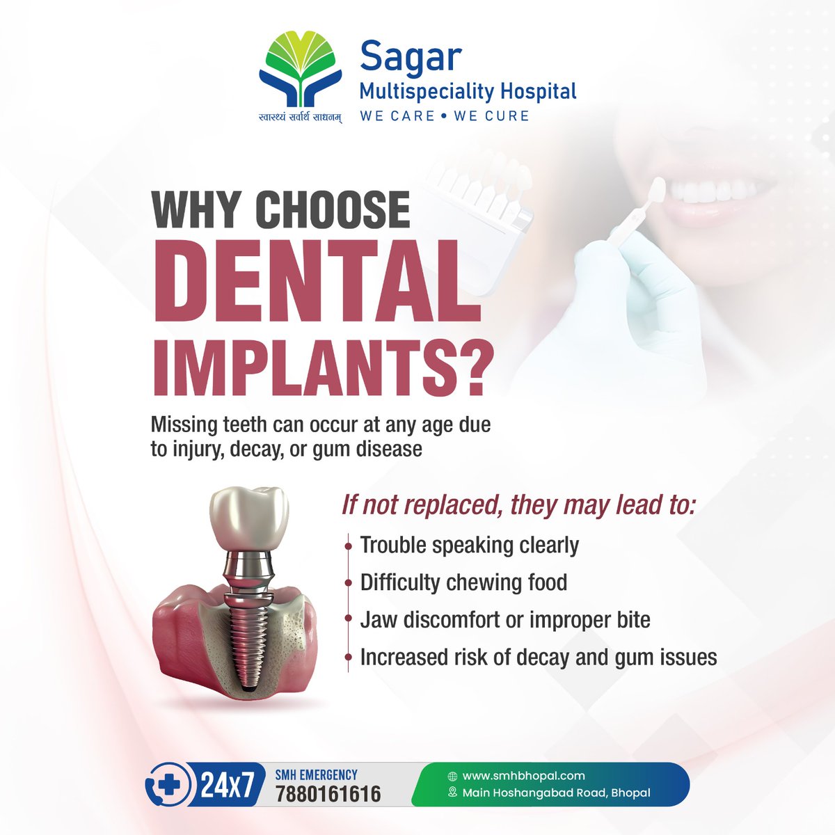 smhbhopal's tweet image. Missing teeth can affect more than just your smile, from speech to self-esteem.

Dental implants offer a long-term solution that looks, feels, and functions like natural teeth. 

#DentalImplants #HealthySmile #ToothReplacement #OralHealth #ConfidentSmile #MissingTeeth